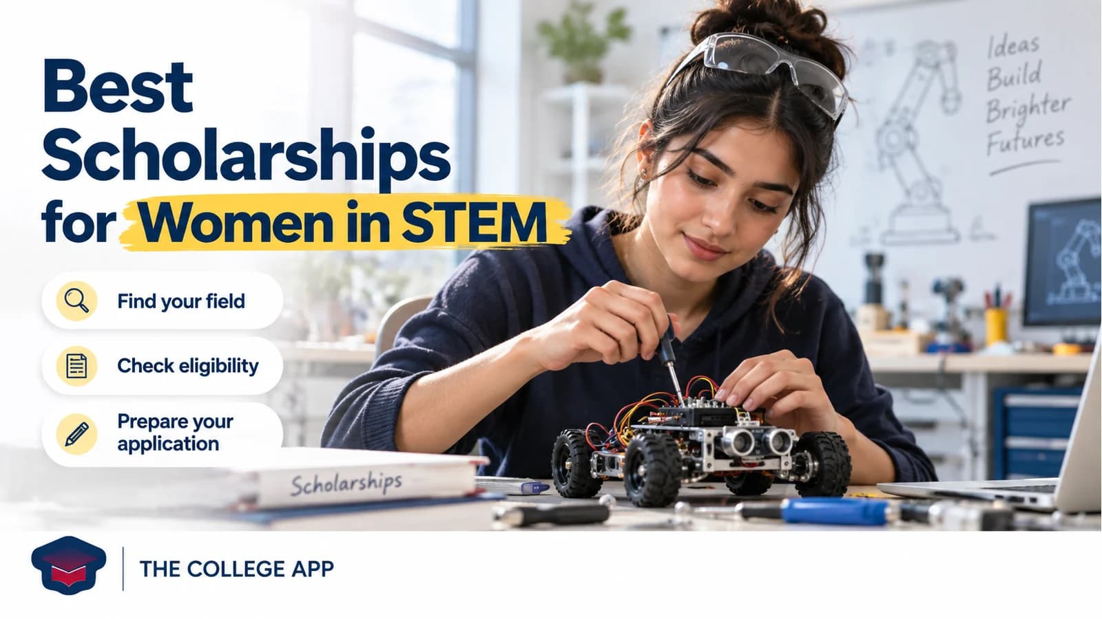 A woman working on an engineering project while reviewing scholarship search steps.