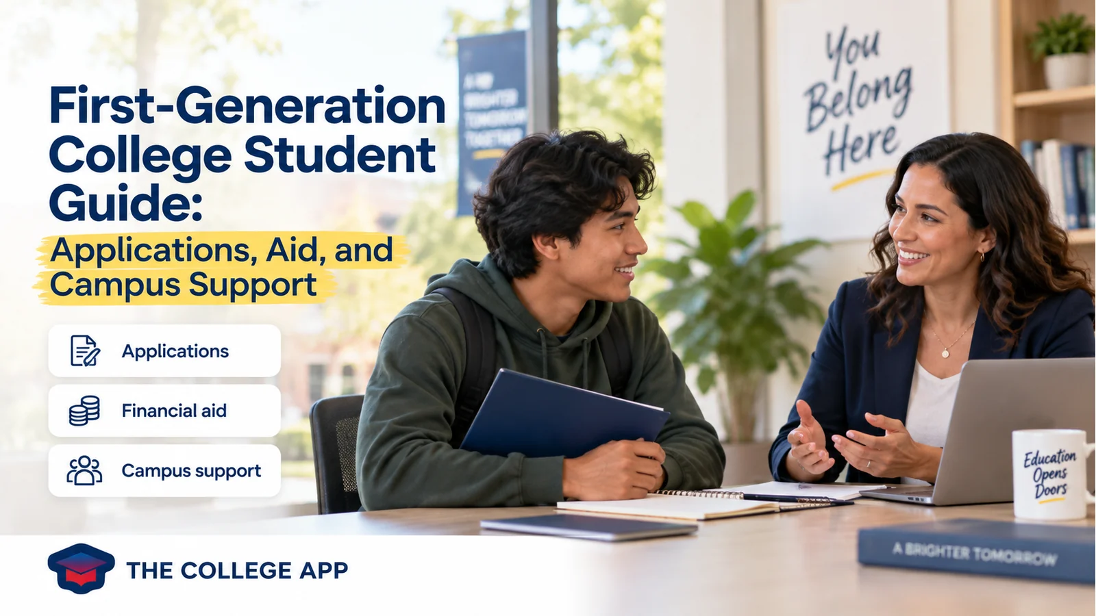 A first-generation student meeting with an adviser about applications, aid, and campus support.