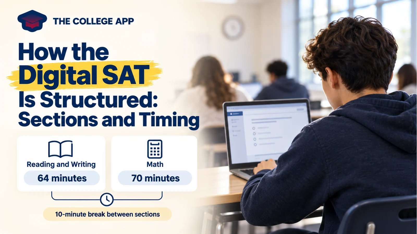 Branded digital SAT roadmap showing Reading and Writing at 64 minutes, Math at 70 minutes, and a student taking a laptop-based test.