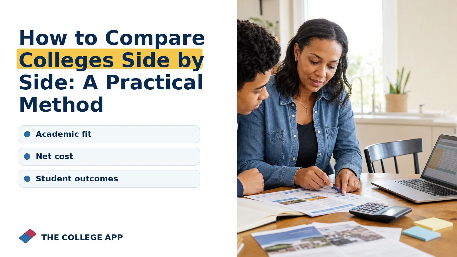 Student planning college admissions steps for how to compare colleges side by side: a practical method with guidance on academic fit, net cost, student outcomes.