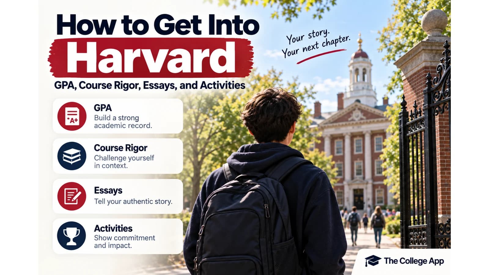A prospective student on a Harvard-inspired campus with admissions factors including rigor, essays, and activities.