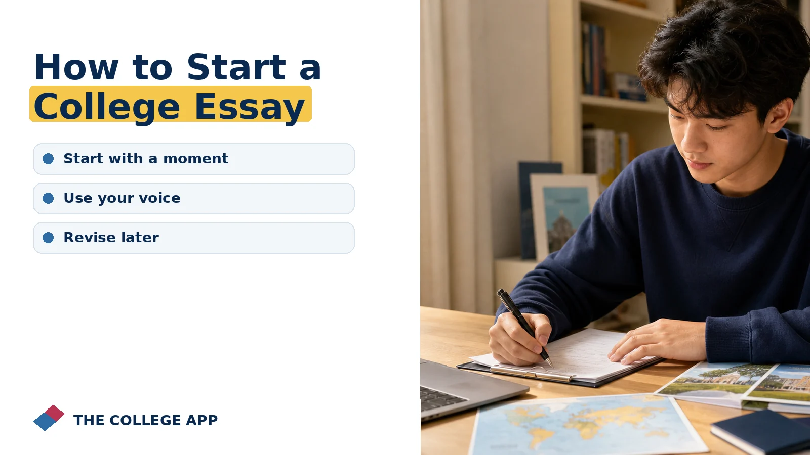 Student planning college admissions steps for how to start a college essay with guidance on start with a moment, use your voice, revise later.