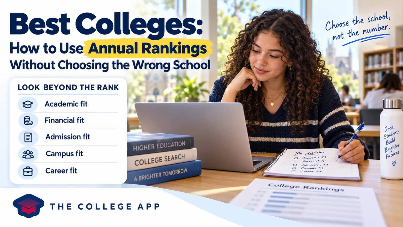 A student comparing college rankings with academic, financial, campus, and career fit.