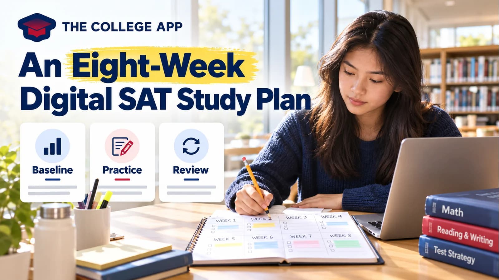 Student studying with an eight-week Digital SAT plan, baseline, practice, and review cards, and The College App logo.