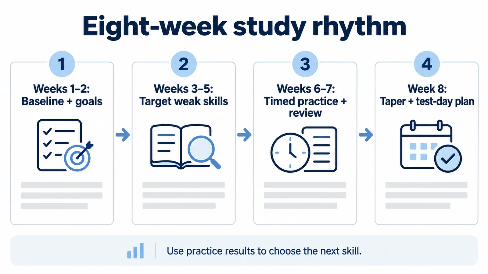 Four phases of an eight-week Digital SAT study rhythm: baseline and goals, targeted skills, timed practice and review, then a test-day plan.