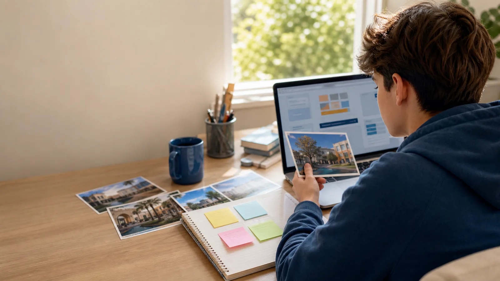 High school student comparing California college options for computer science at a desk with a laptop, campus photos, and notes