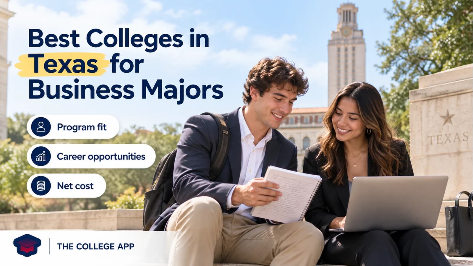 Business students comparing notes on a Texas-inspired campus, highlighting program fit, careers, and net cost.