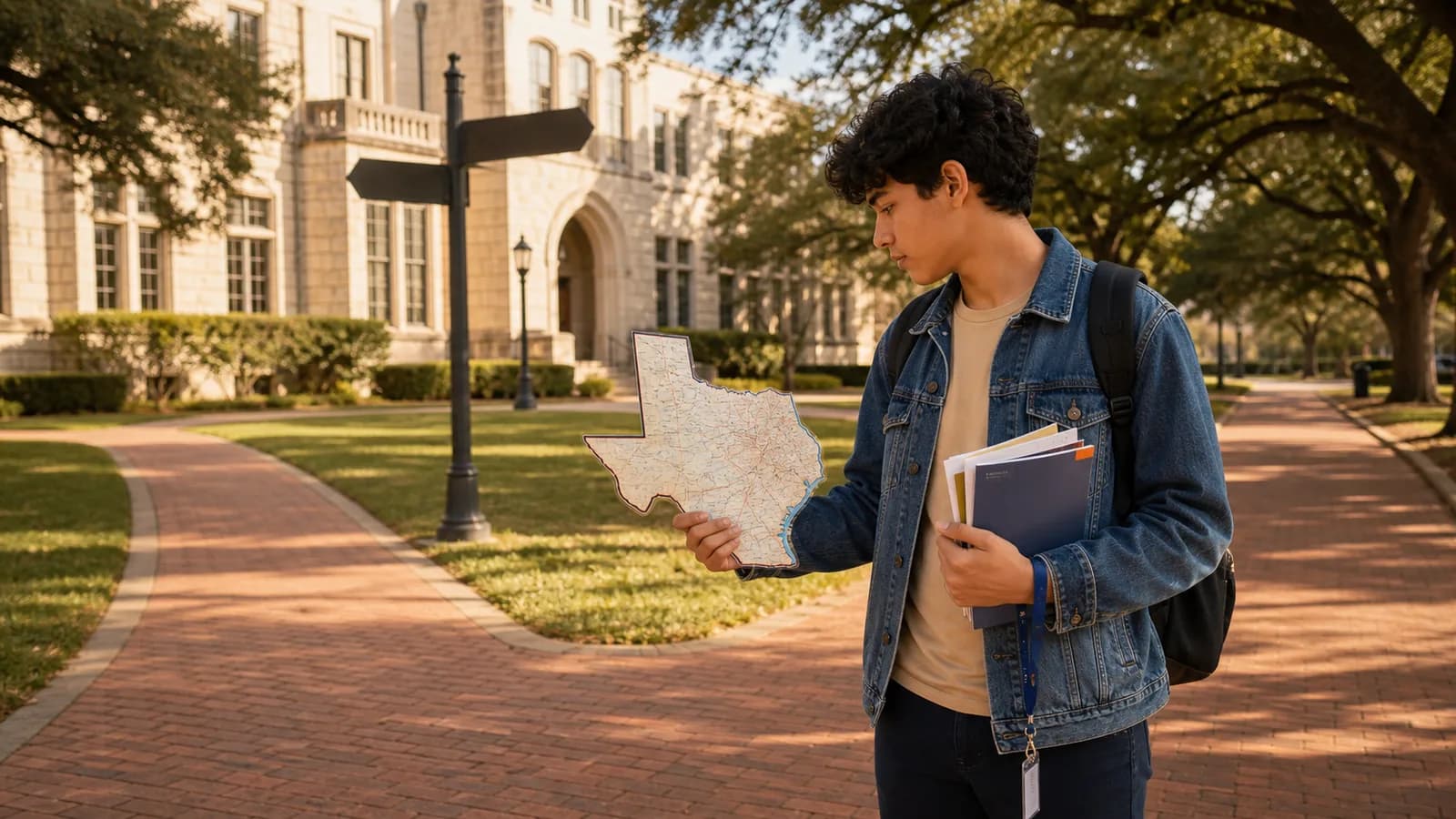 High school student comparing a Texas map and college brochures on a sunlit campus walkway