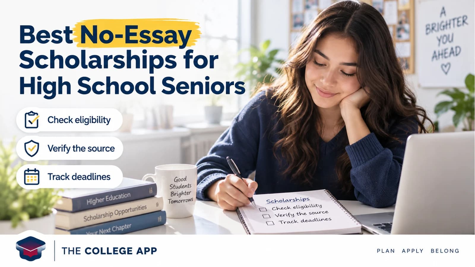 Student checking no-essay scholarship eligibility, source reliability, and application deadlines.