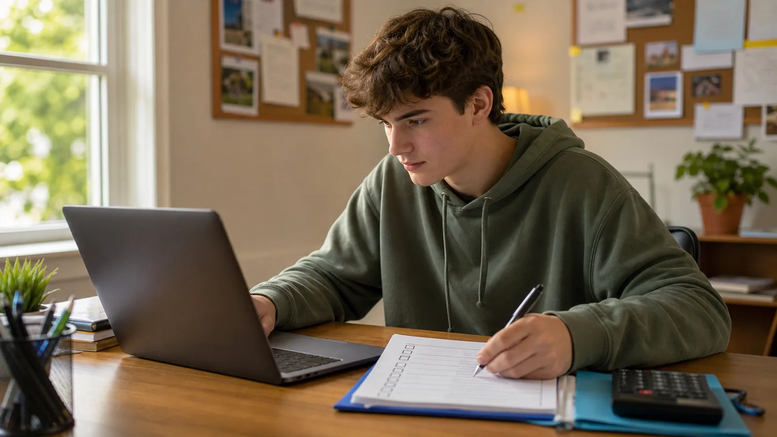 High school senior reviewing scholarship opportunities on a laptop with a checklist, folder, calculator, and notebook