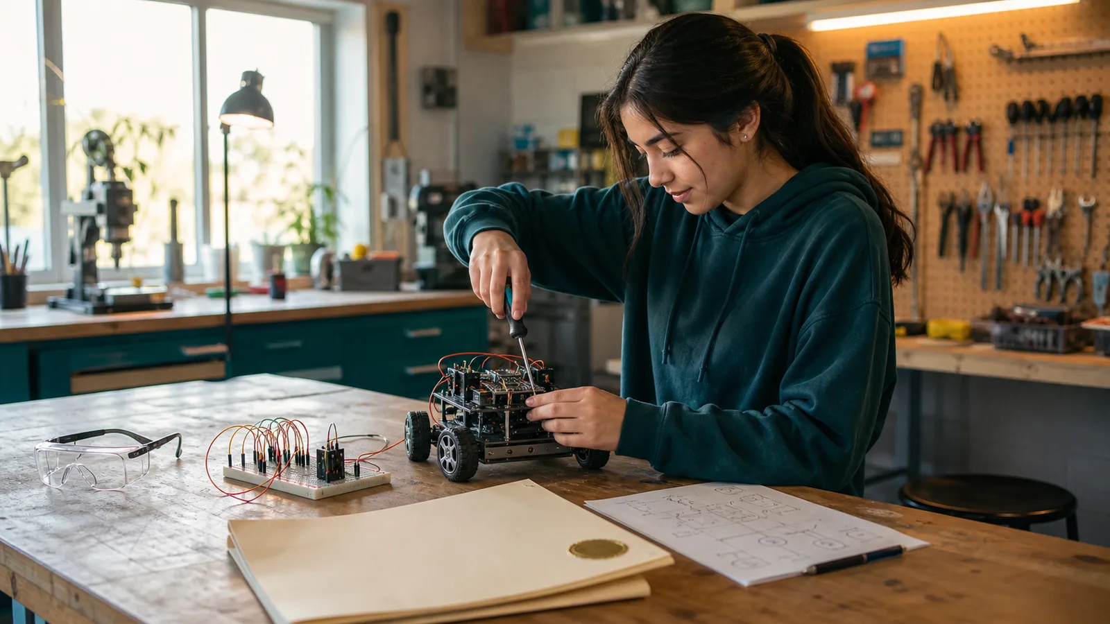Young woman building a small robot beside circuit wires, safety goggles, and an application folder in a makerspace