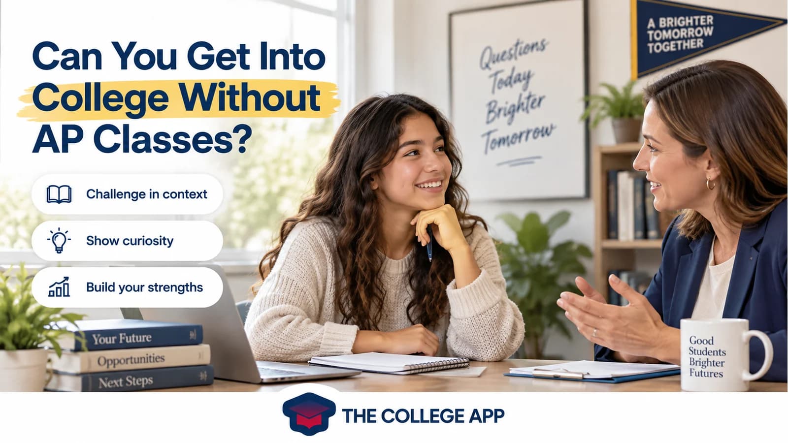 A student and counselor discussing course rigor and college options without AP classes.