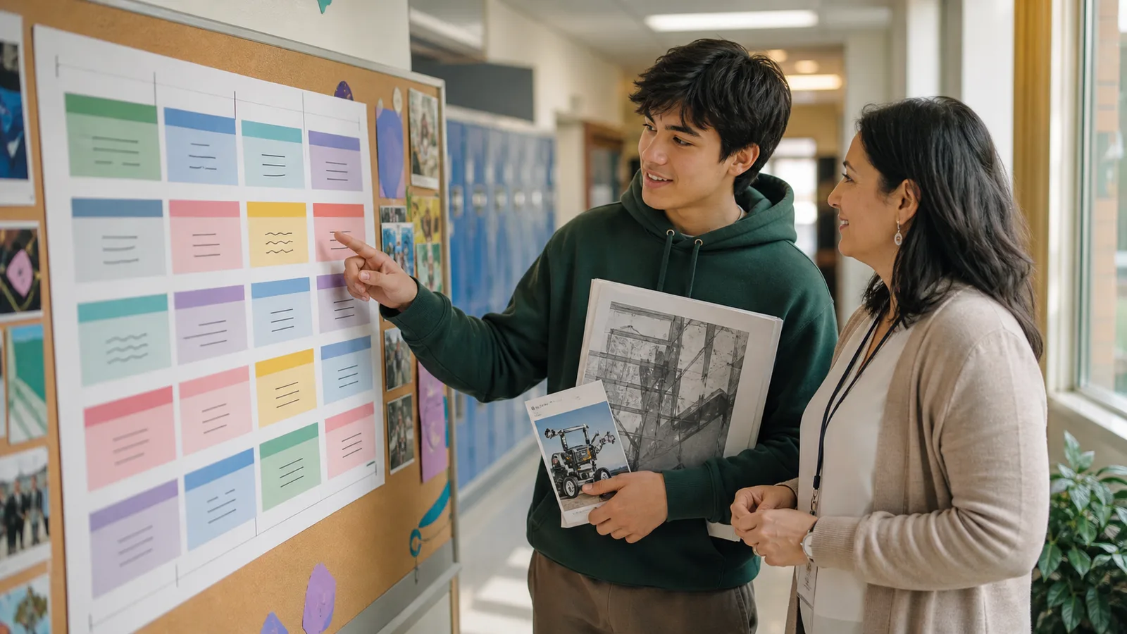 High school student and counselor comparing a color-coded course plan beside an art portfolio and robotics project flyer