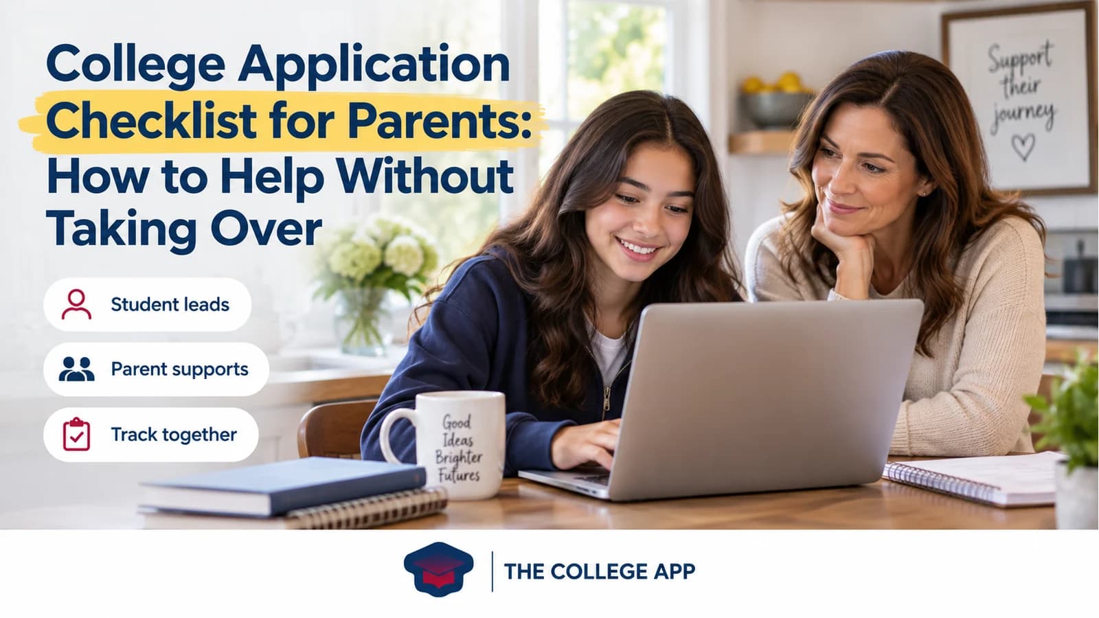A parent and student reviewing a college application checklist together.