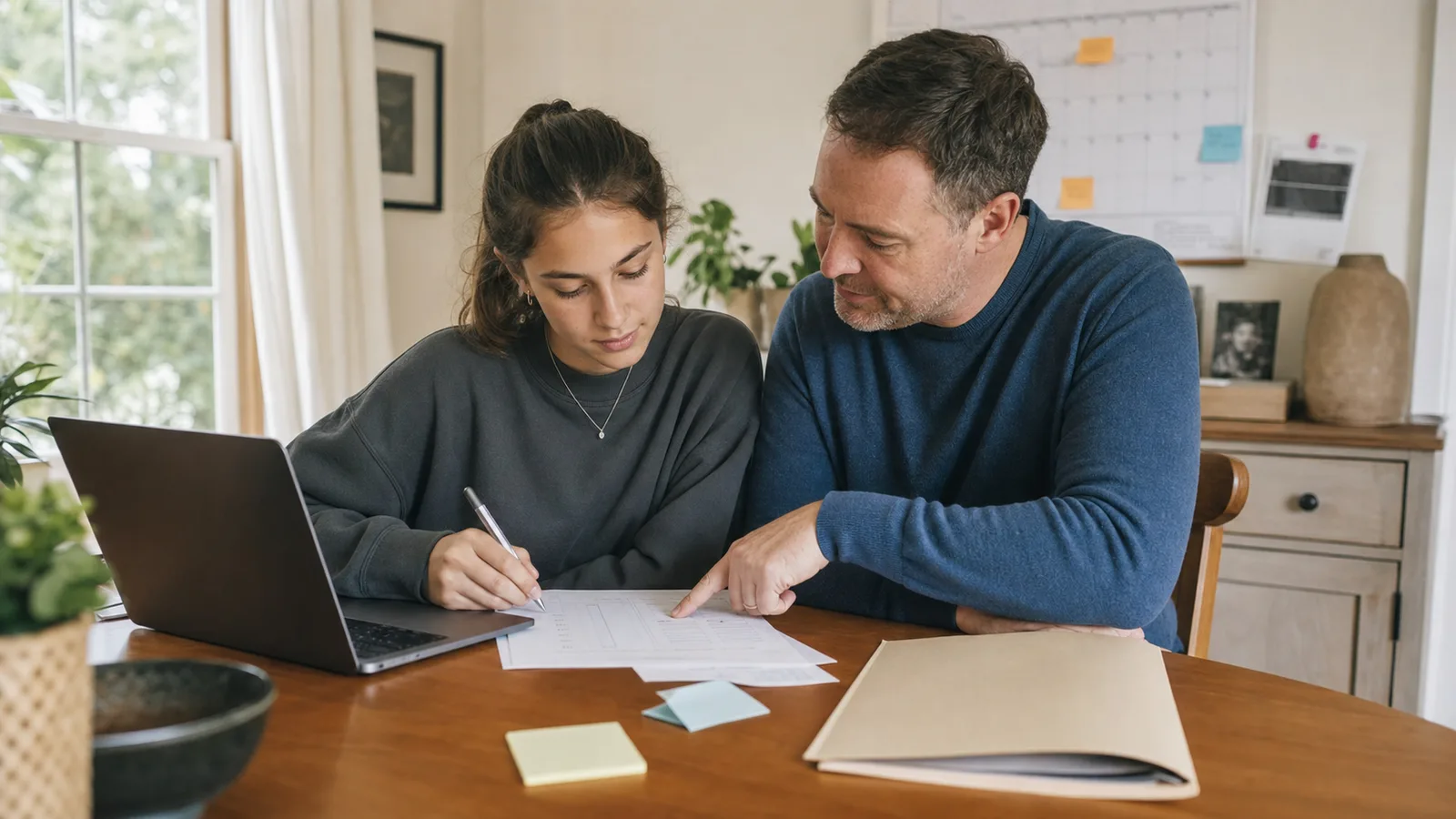 Parent and high school student reviewing an application checklist together at a table with a laptop and notes