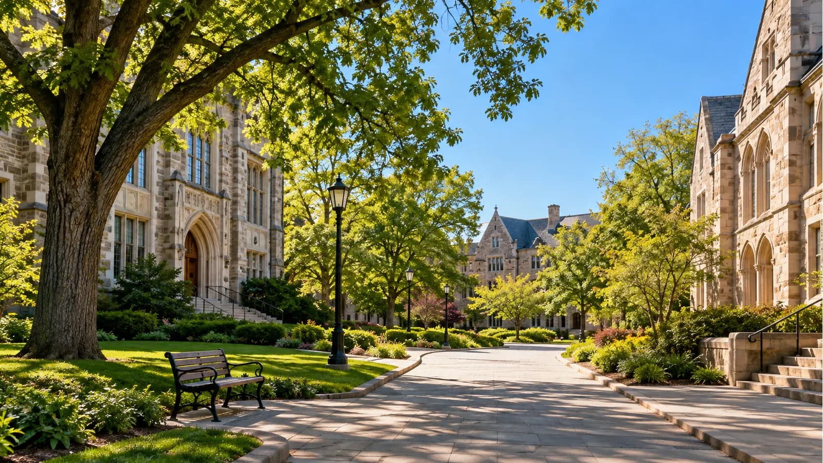 An empty sunlit college campus walkway between historic academic buildings and mature trees.