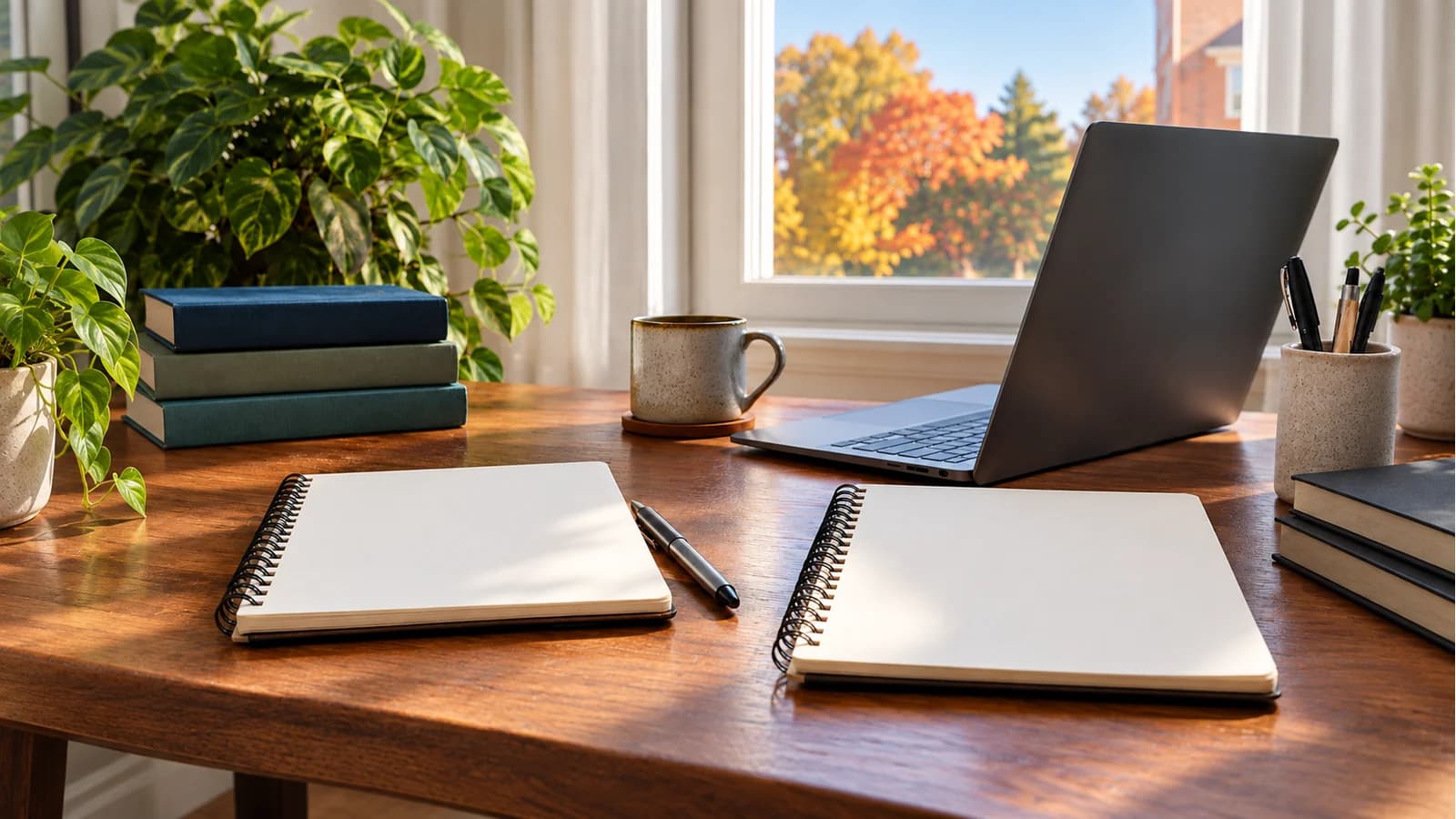 Two blank notebooks and a pen beside an unbranded laptop, plain books, and a mug on a sunlit wooden desk.
