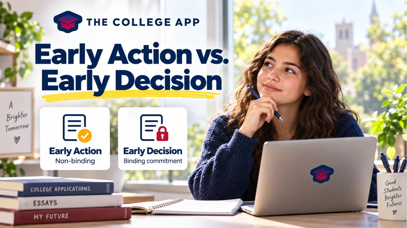 Student considering college applications beside early action and early decision cards, the article title, and The College App logo.
