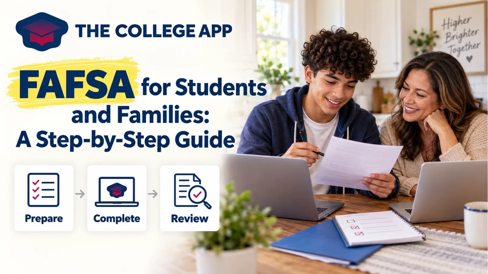 Student and parent reviewing financial aid paperwork beside separate laptops, with FAFSA headline and Prepare, Complete, and Review checklist cards.