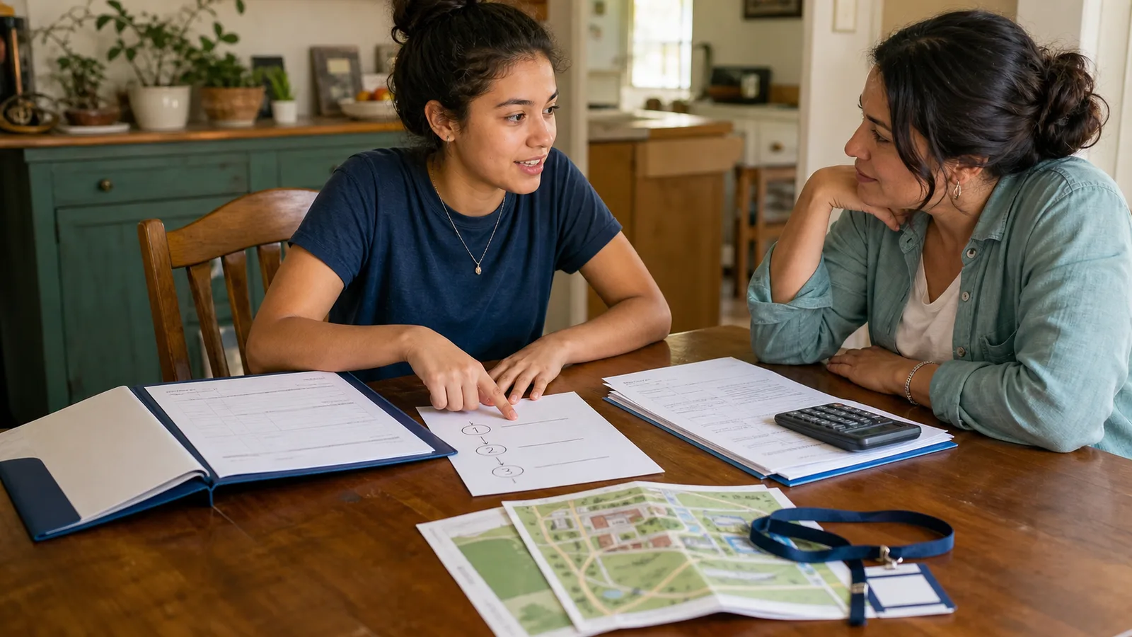 First-generation student leading a college planning conversation with a parent, application papers, financial aid documents, a calculator, and a campus map