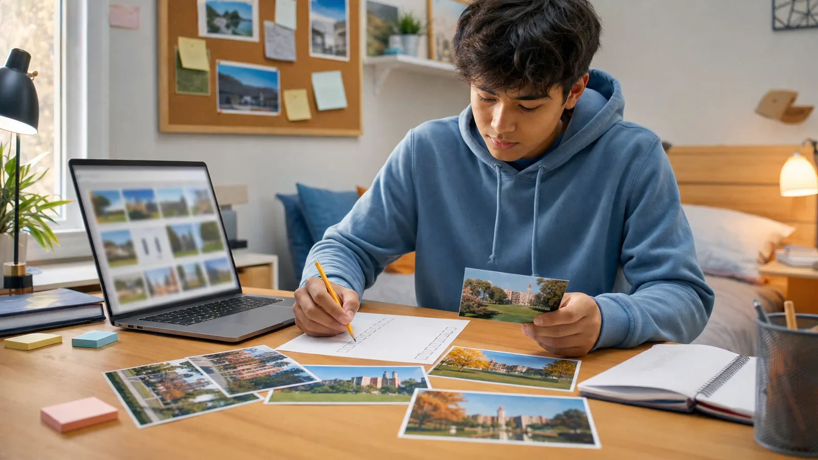 High school student narrowing a college application list at a desk with a laptop, checklist, and campus photos