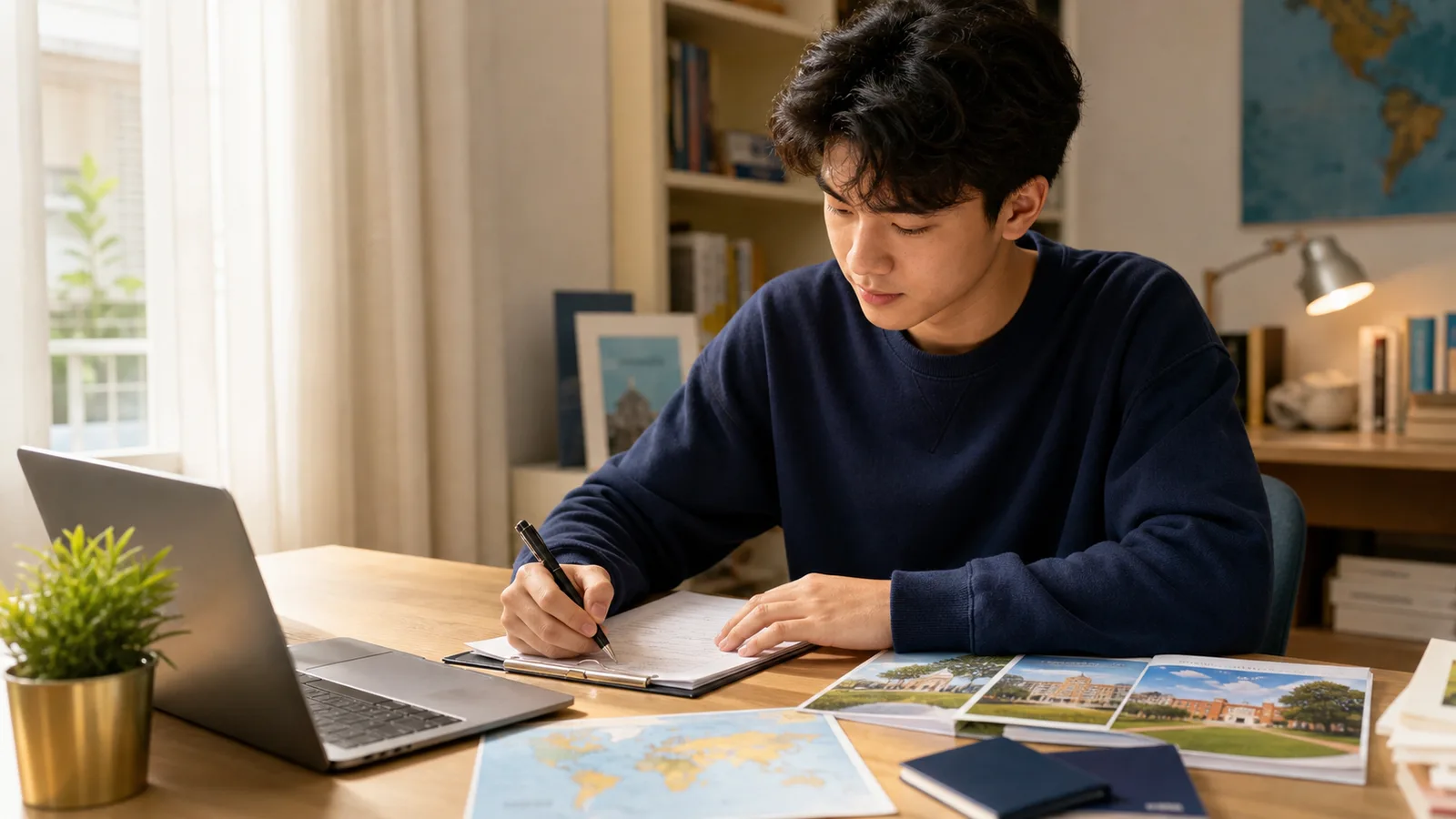 International high school student organizing a U.S. college application at a desk with a laptop, campus brochures, and a world map