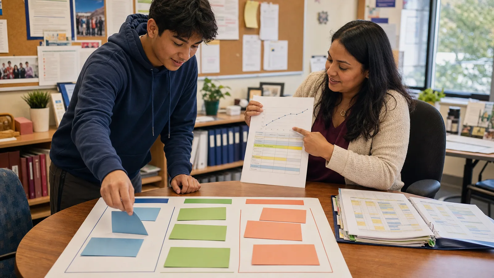 High school student and counselor sorting college options into three groups beside a grade-trend sheet and course schedule