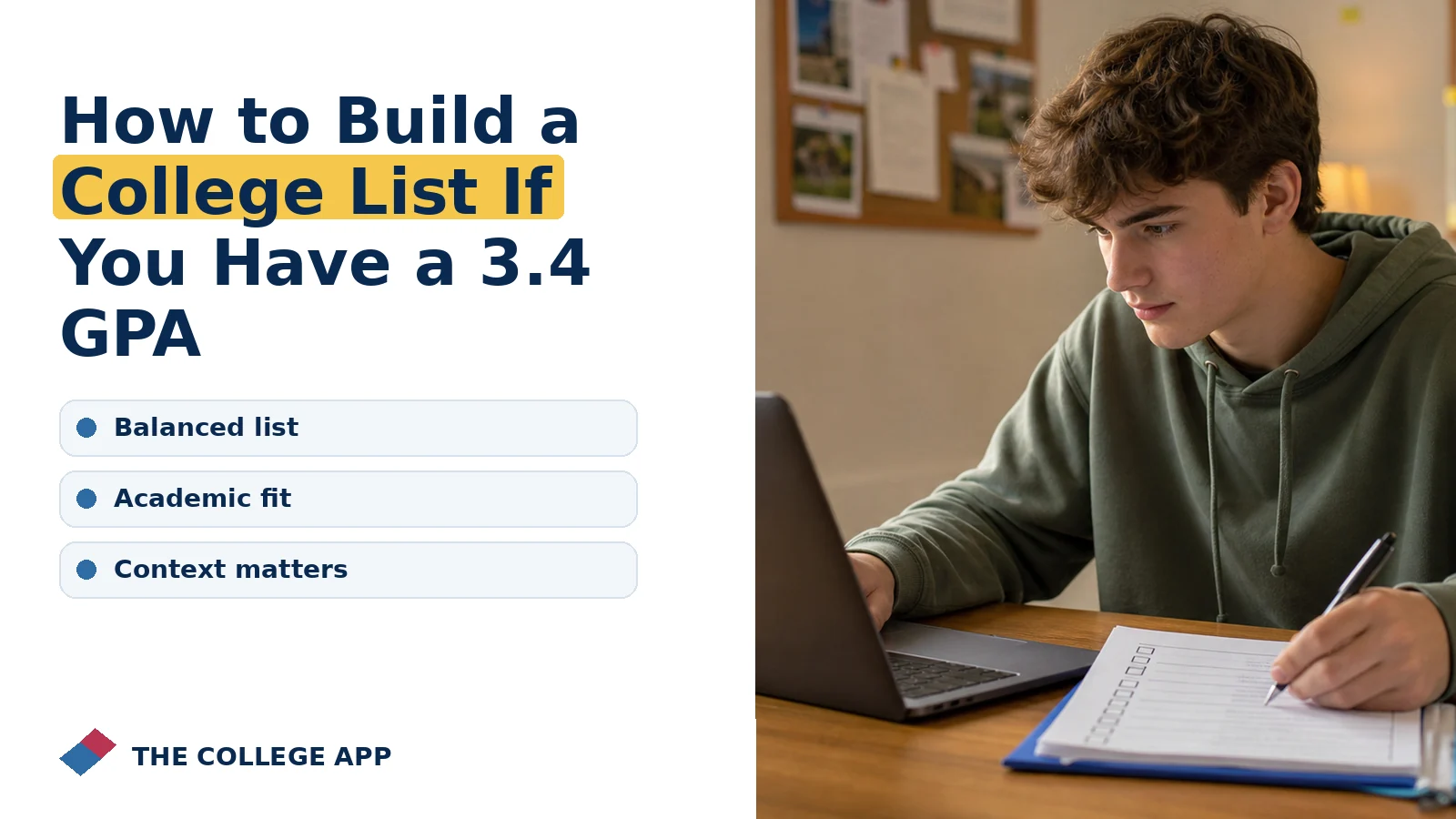 Student planning college admissions steps for how to build a college list if you have a 3.4 gpa with guidance on balanced list, academic fit, context matters.