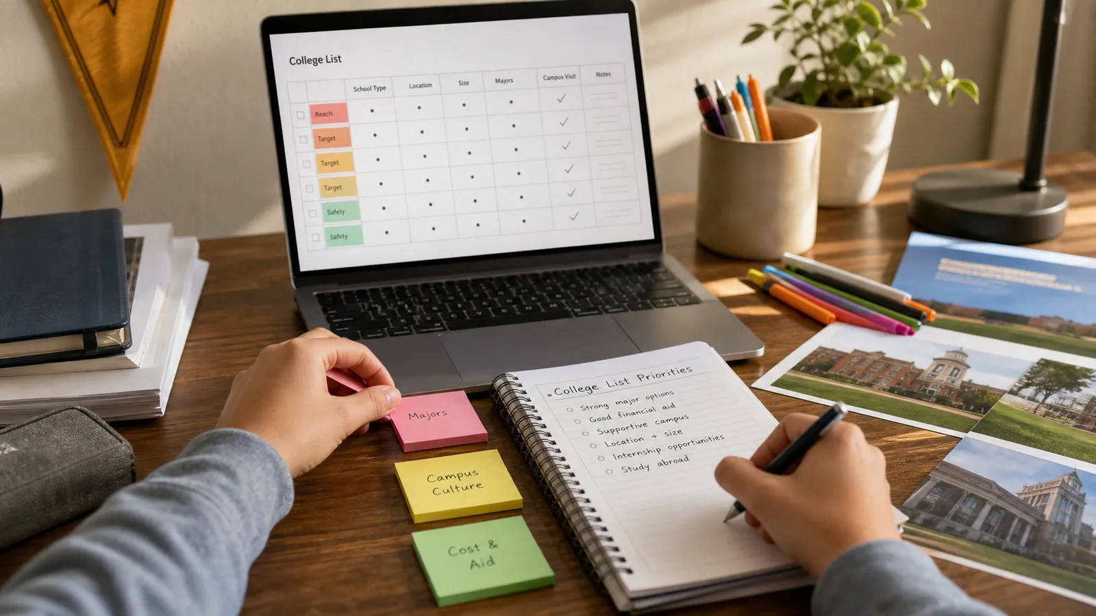 Student organizing college list priorities with a laptop, notebook, and sticky notes