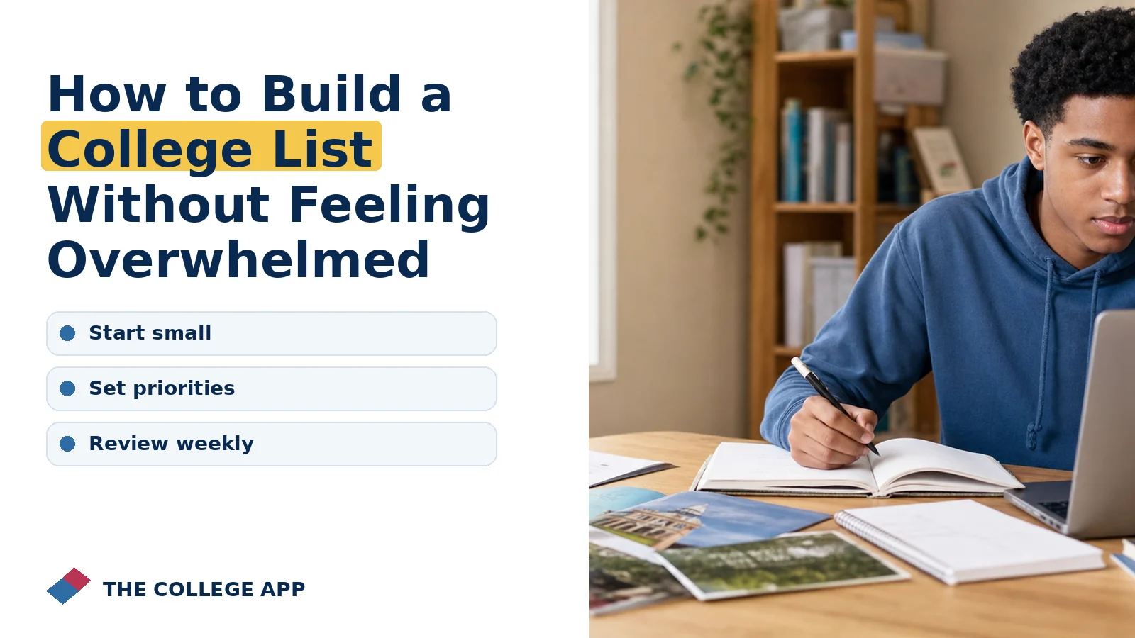 Student planning college admissions steps for how to build a college list without feeling overwhelmed with guidance on start small, set priorities, review weekly.