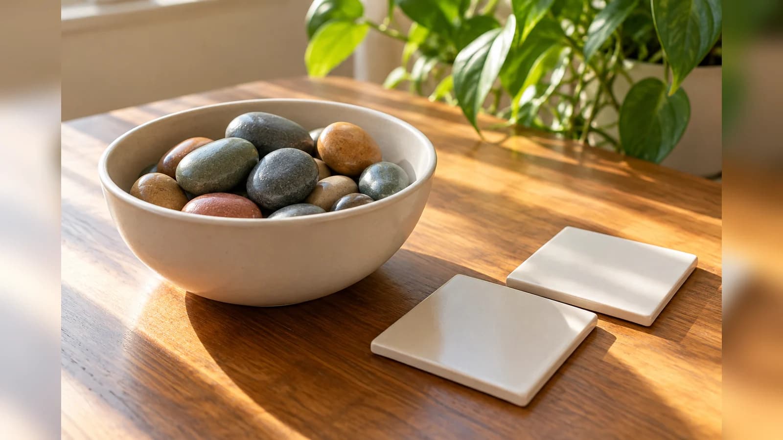 Unbranded editorial photograph of smooth colored stones in a plain ceramic bowl beside blank ceramic tiles in warm natural light