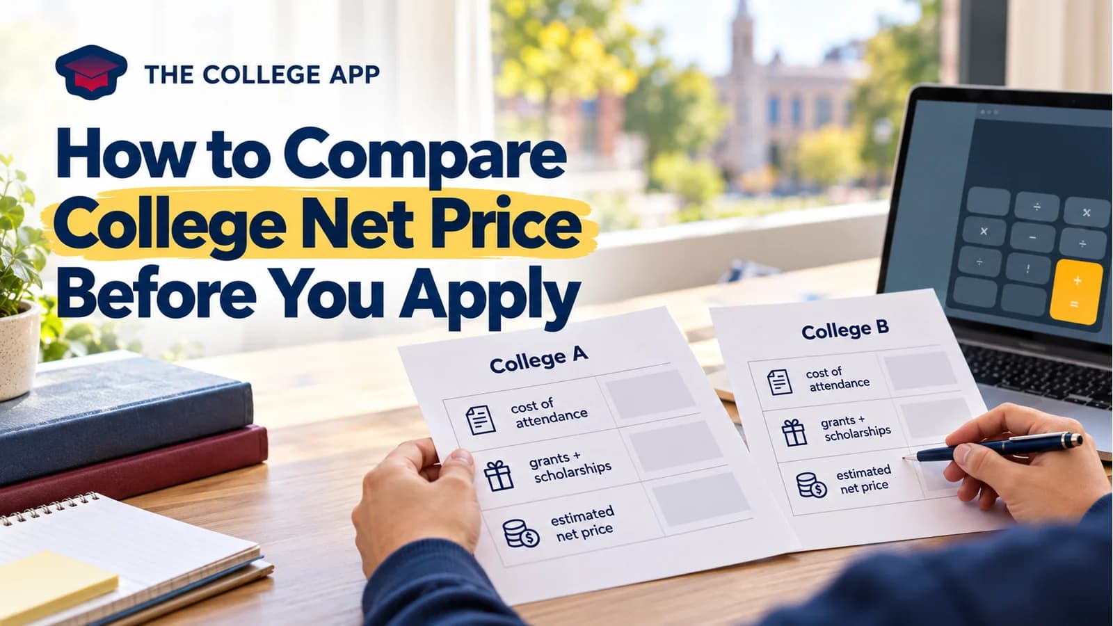 College cost comparison worksheets beside a calculator under the headline How to Compare College Net Price Before You Apply with The College App logo