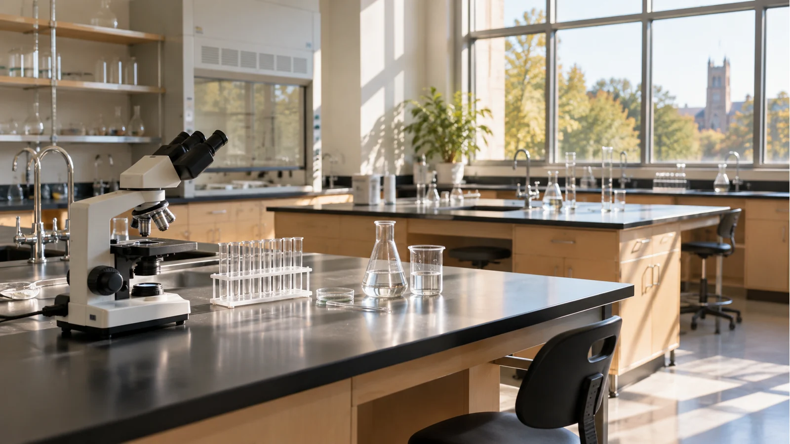 Empty sunlit university teaching laboratory with a microscope, clear glassware, and workbenches beside large windows.