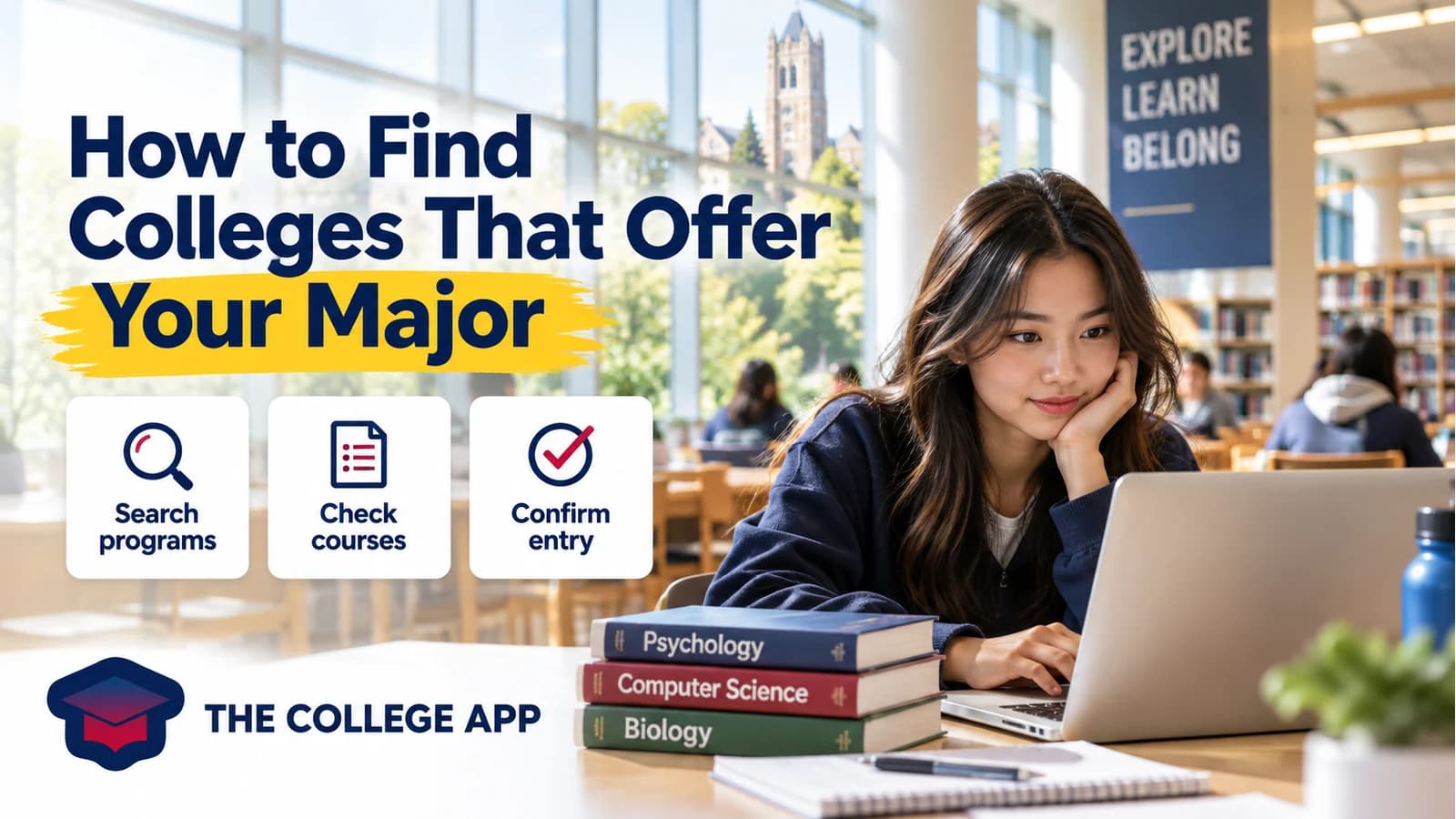 Student researching majors in a library beside search, coursework and entry reminders, with The College App logo and article title.