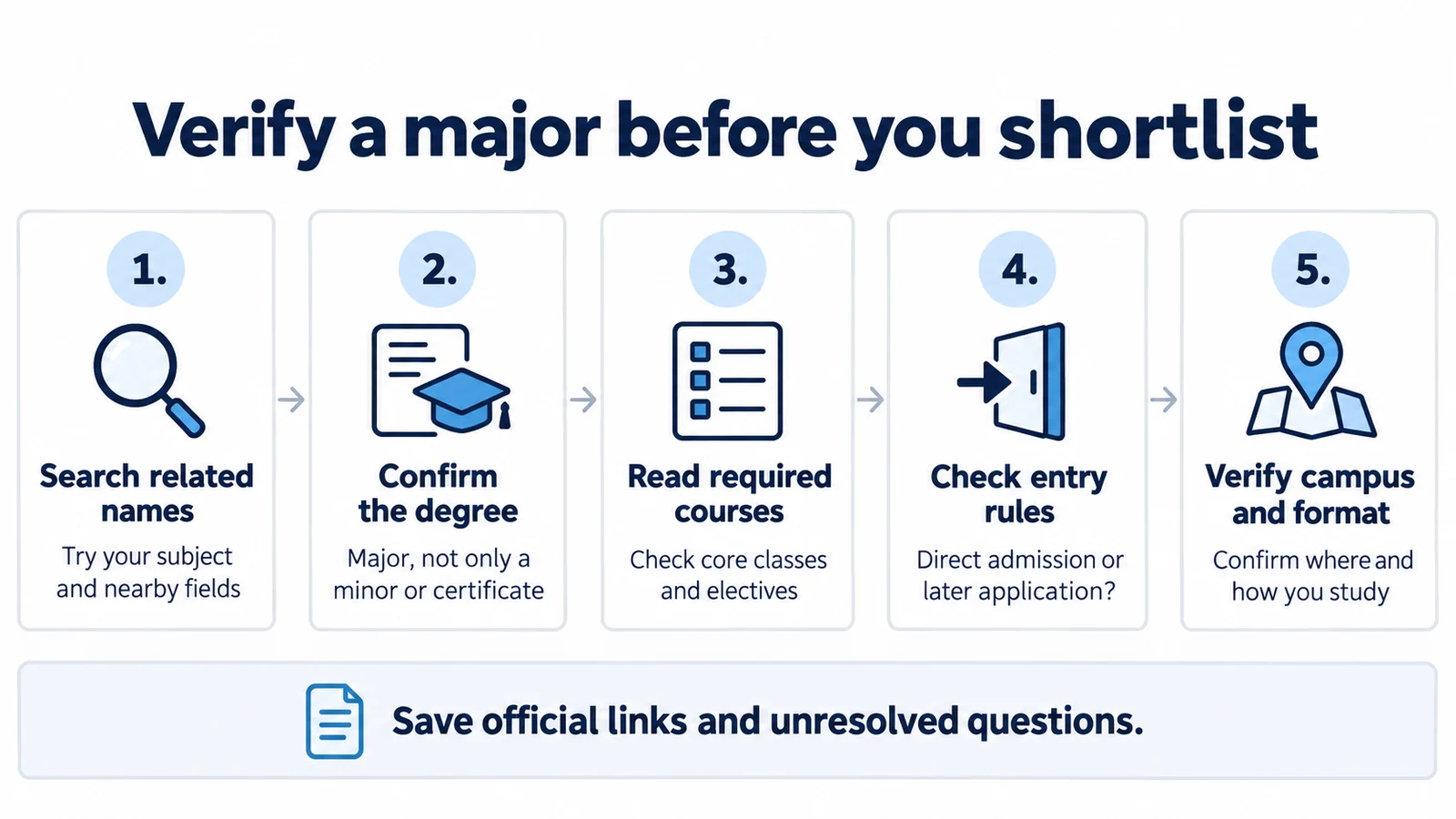 Five-step checklist for verifying a major: related names, degree type, required courses, entry rules, and campus and format.