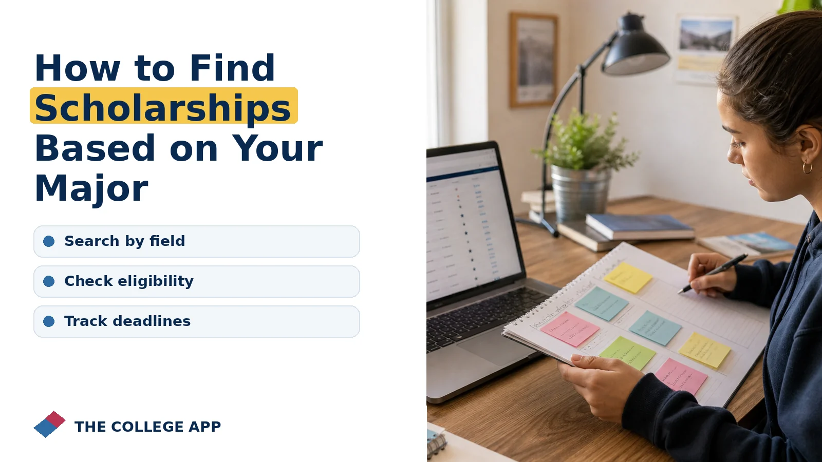 Student planning college admissions steps for how to find scholarships based on your major with guidance on search by field, check eligibility, track deadlines.