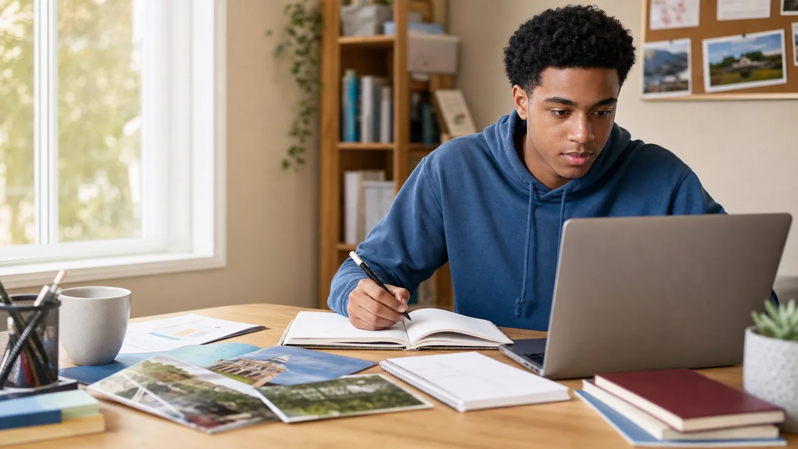 High school student planning a selective college application at a desk with a laptop, notebook, and campus brochures