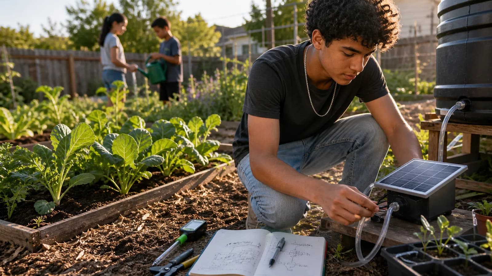 High school student adjusting a solar-powered irrigation project in a community garden while younger volunteers work nearby