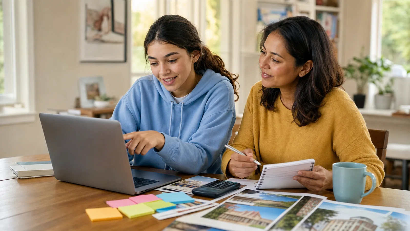 Parent and high school student comparing college options together at a table with a laptop and notes