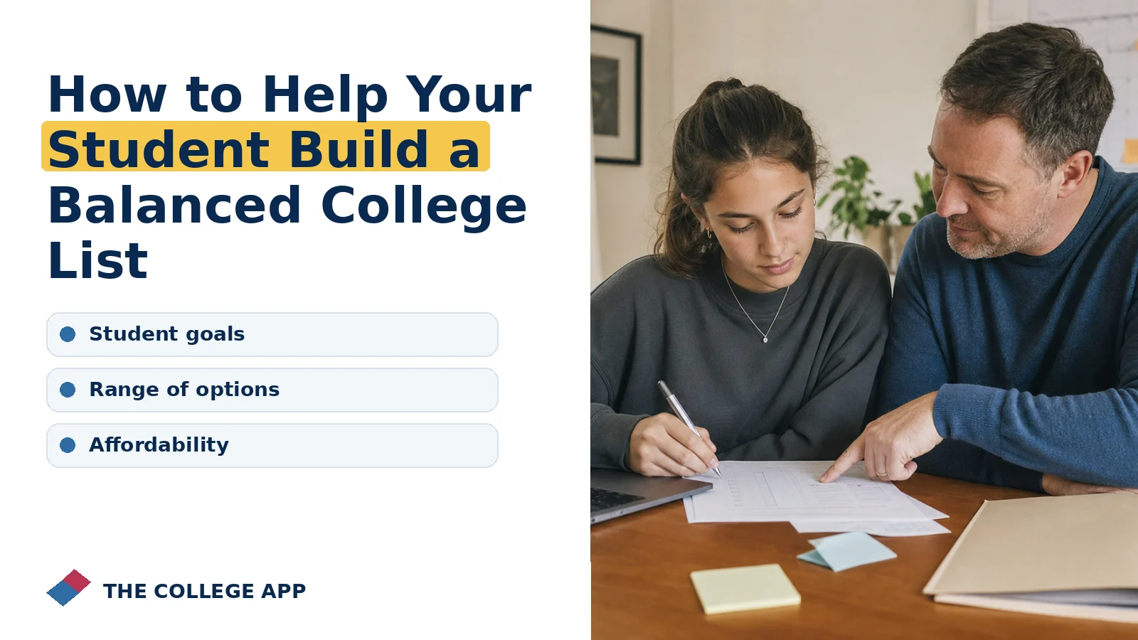 Student planning college admissions steps for how to help your student build a balanced college list with guidance on student goals, range of options, affordability.