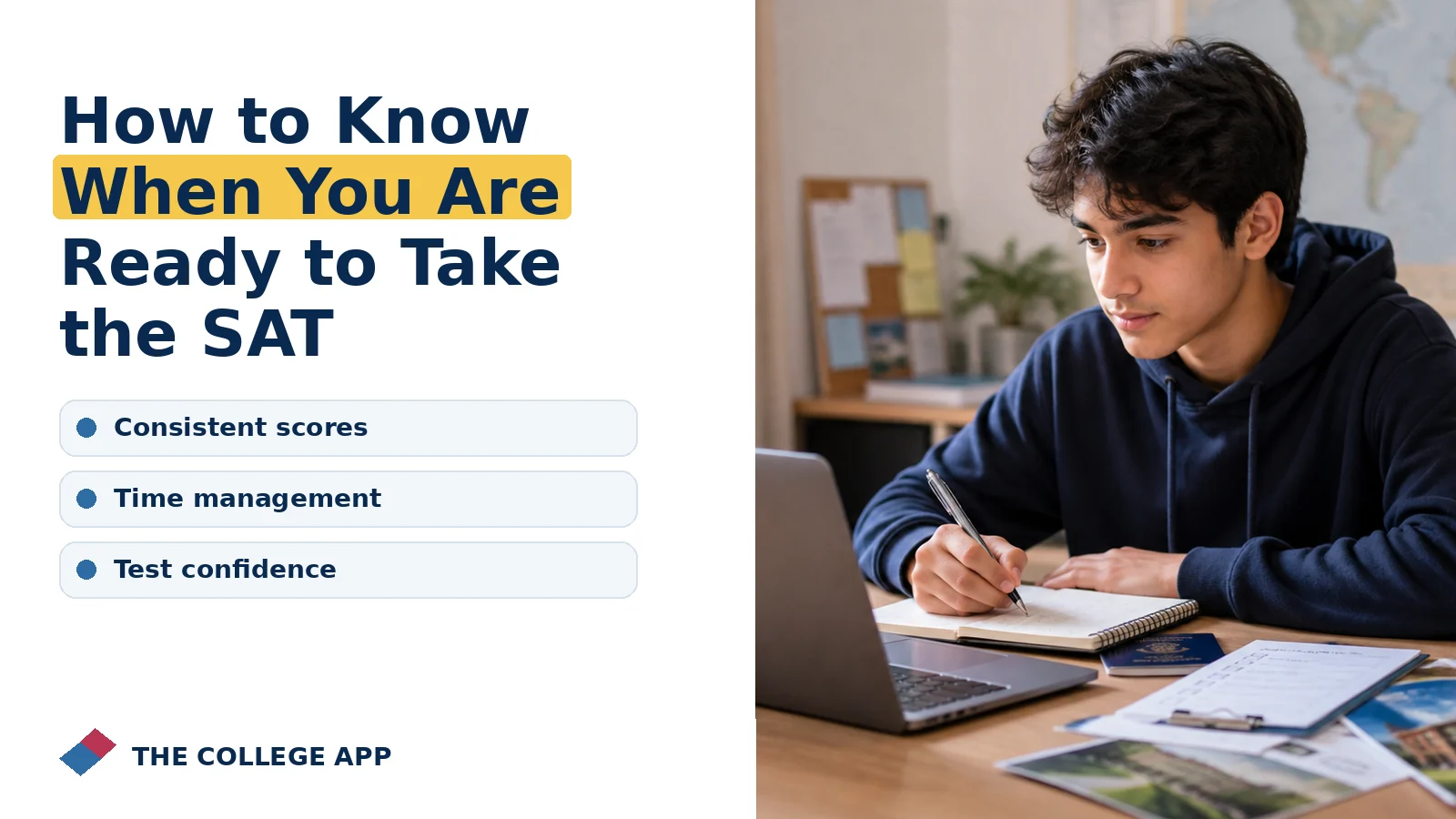 Student planning college admissions steps for how to know when you are ready to take the sat with guidance on consistent scores, time management, test confidence.