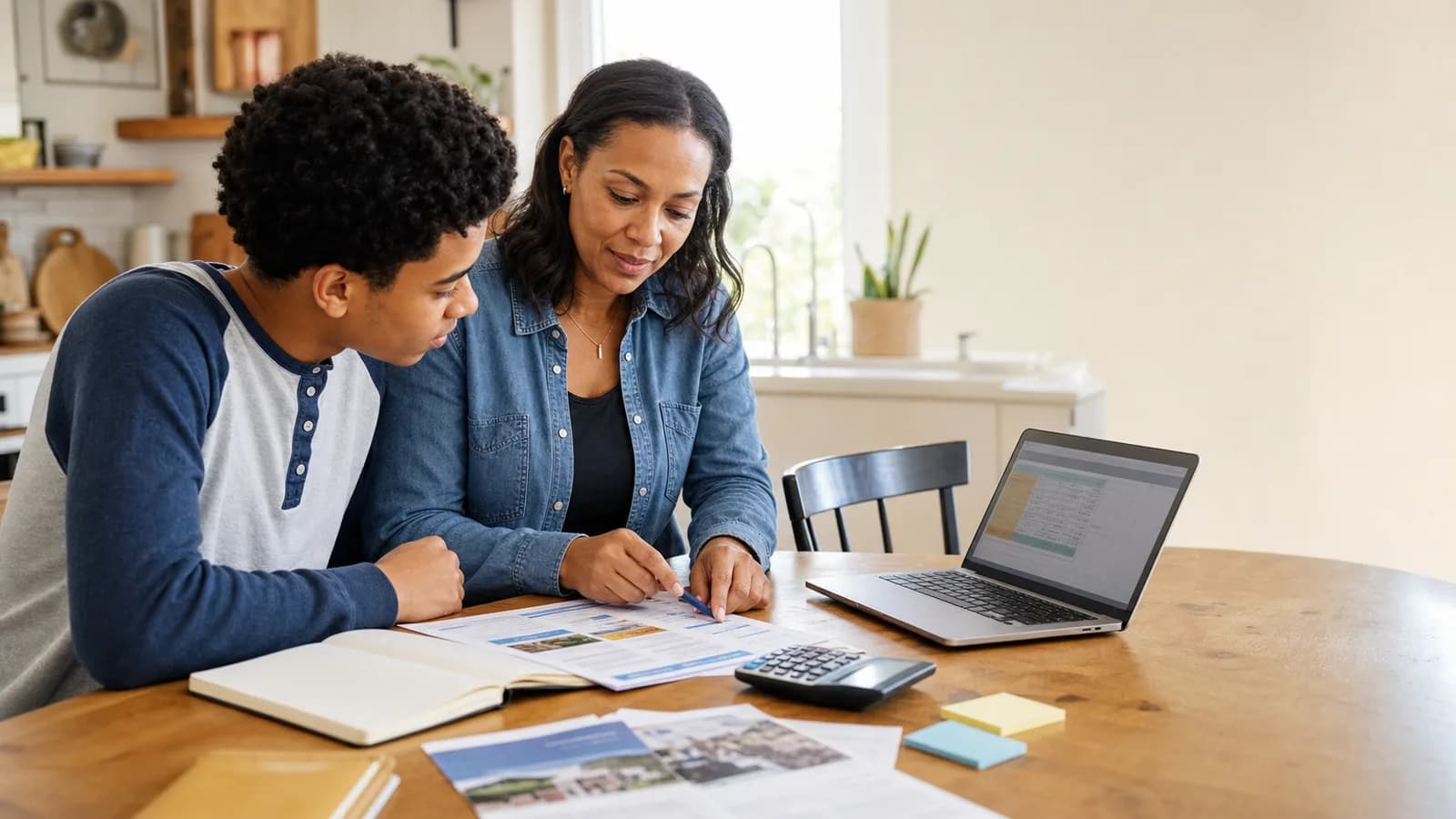 Student and parent reviewing college costs, a budget, and campus brochures at a kitchen table
