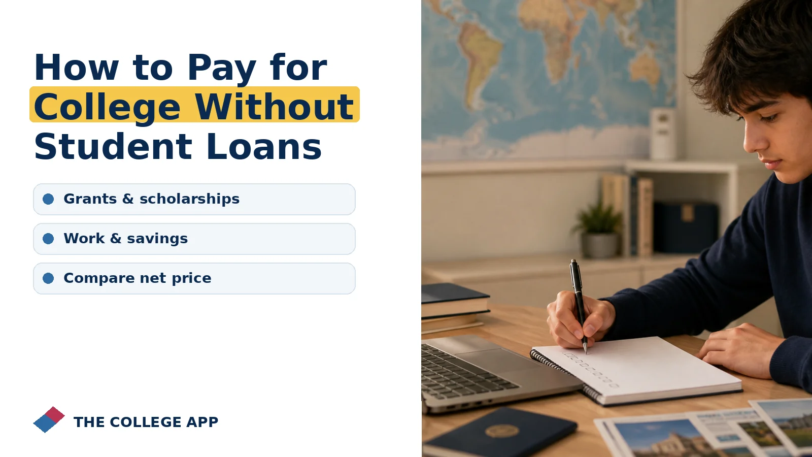 Student planning college admissions steps for how to pay for college without student loans with guidance on grants & scholarships, work & savings, compare net price.