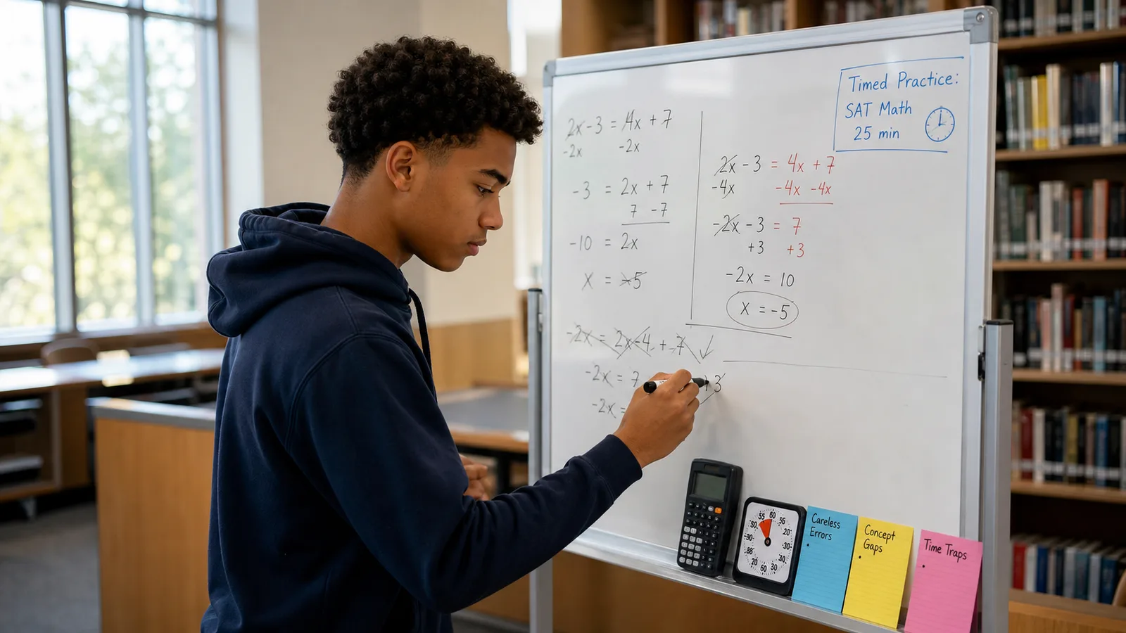 Student correcting algebra on a whiteboard with a graphing calculator, timer, and color-coded mistake cards