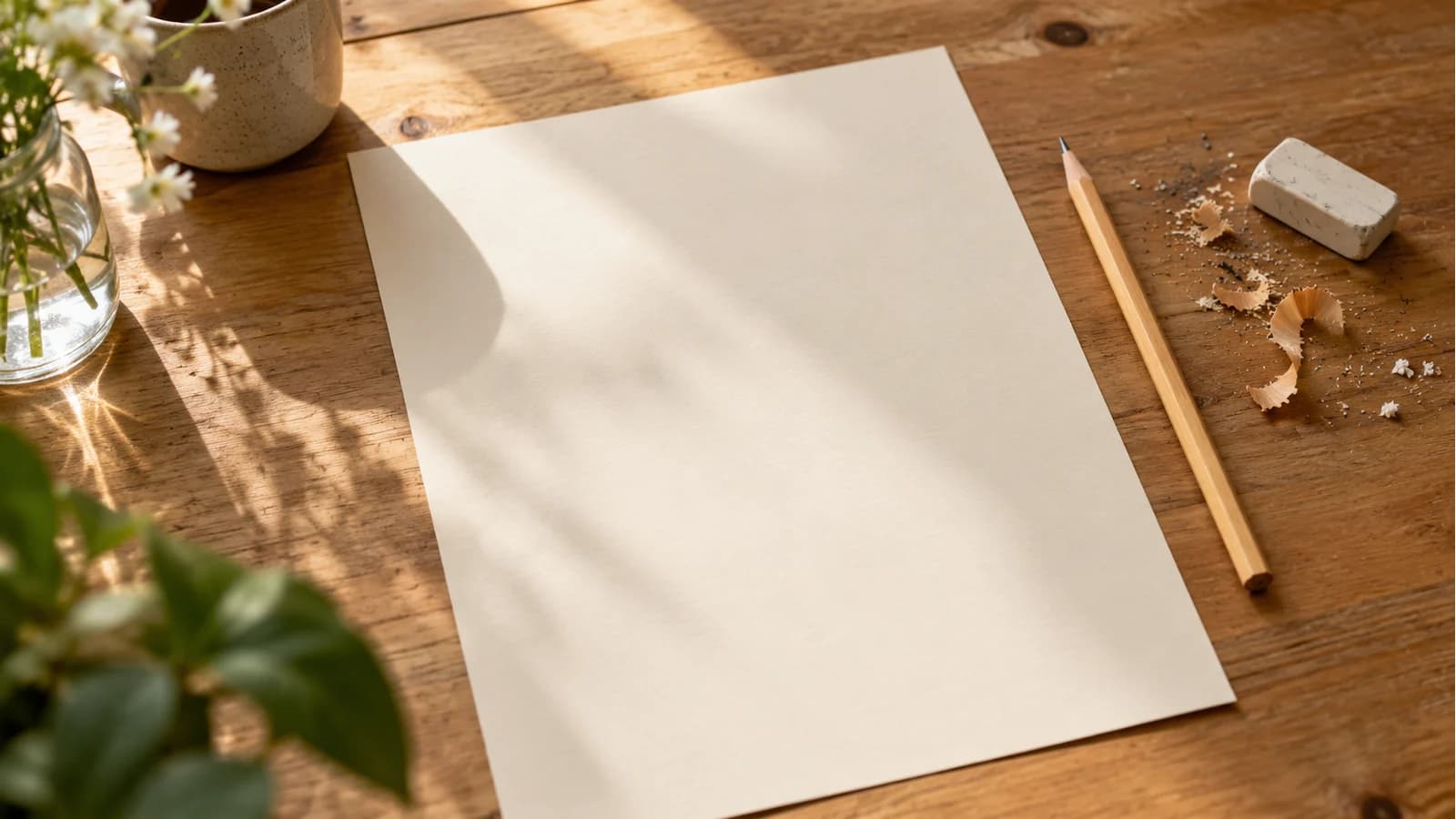 Blank cream paper, a plain pencil, and an eraser on a sunlit wooden table, offering space to rethink a sentence.