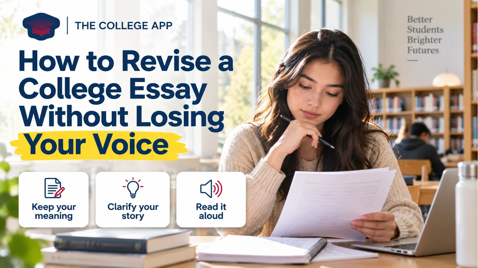 Student reviewing an essay draft beside a navy headline, yellow voice highlight, and three revision reminders with The College App logo.