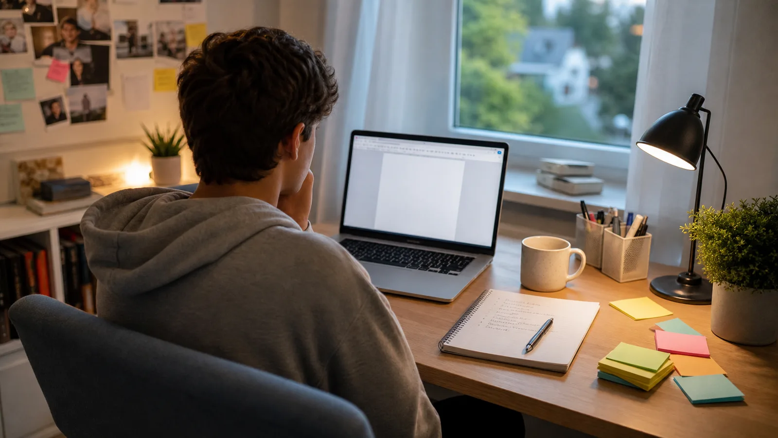 Student starting a college essay draft at a desk with a laptop, notebook, and sticky notes
