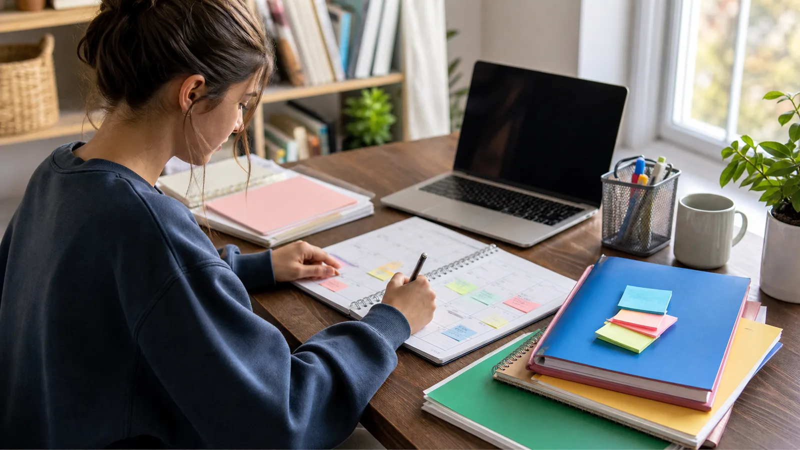 Student organizing application deadlines with a planner, laptop, folders, and sticky notes