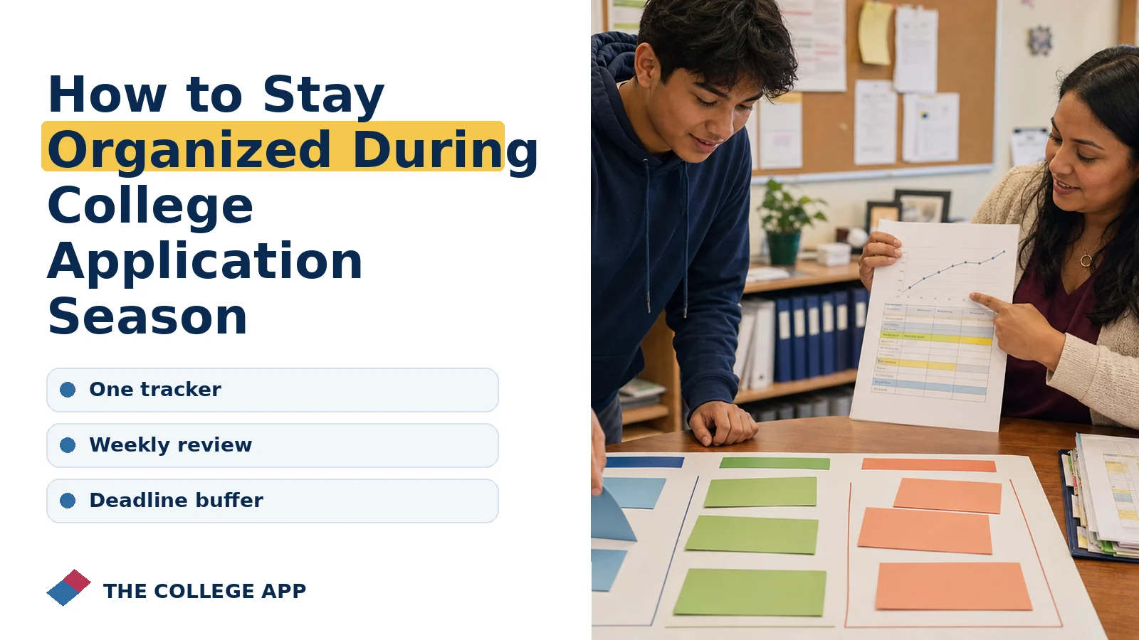 Student planning college admissions steps for how to stay organized during college application season with guidance on one tracker, weekly review, deadline buffer.