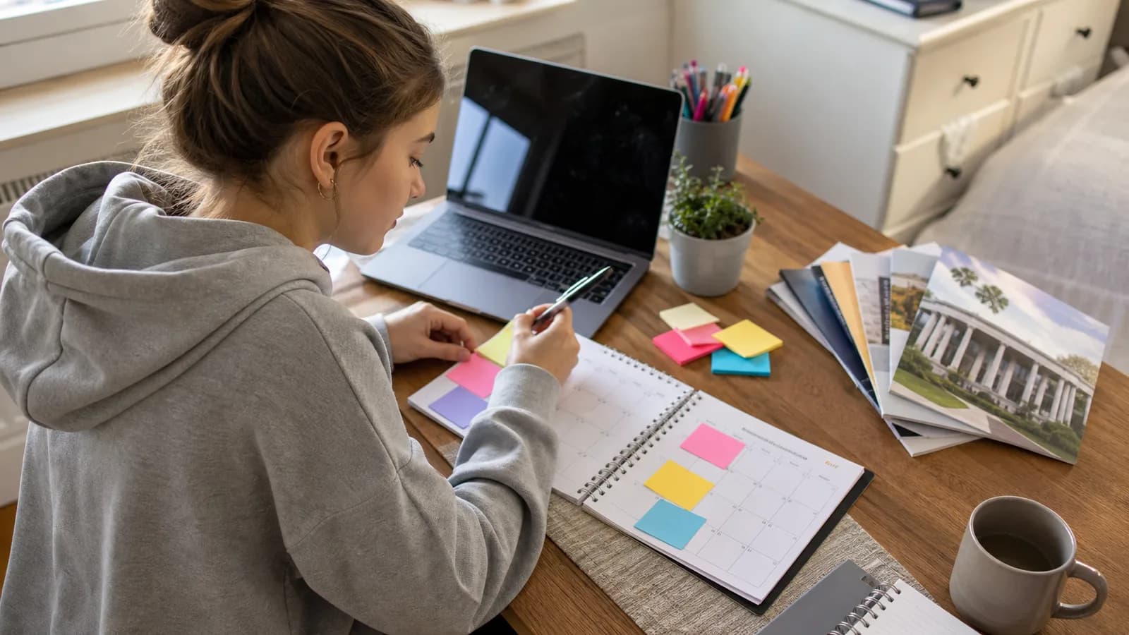 Student using a weekly planner, sticky notes, laptop, and college materials to organize small tasks